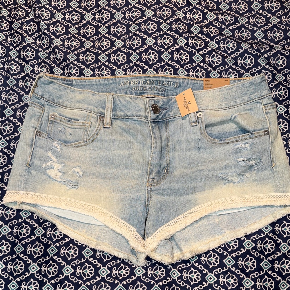 American Eagle Outfitters Light Blue Distressed Denim Shorts with Lace Trim
